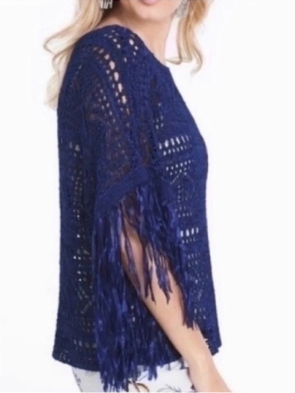WHBM Fringed Open Weave Tunic in Navy Womens XS Wide Neckline Coastal Cowgirl